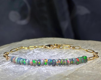 Black Opal Gemstone Bracelet: 14K Gold Filled Adjustable Bar Bracelet