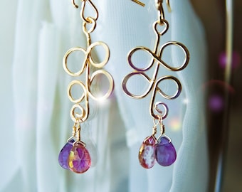 14k Gold Filled Amethyst & Aura Quartz Swirl Earrings