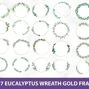 May include: Set of 27 digital illustrations of eucalyptus wreaths with gold frames. The wreaths are in various shades of green and feature a variety of eucalyptus leaves.
