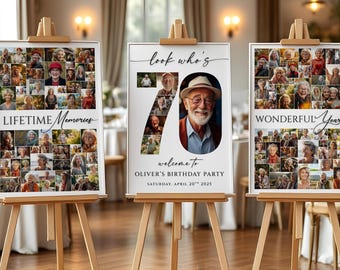 70. Geburtstag Foto Collage Willkommensschild Vorlage, bearbeitbares Geburtstagsparty Poster Board, Geburtstagsdekoration für Männer & Frauen, Canva Vorlage