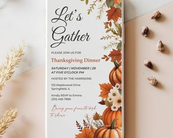 Thanksgiving Dinner Digital Invitation Template, Let's Gather Invite, Text Phone Evite, Fall Autumn Pumpkins, Self Edit Canva Template