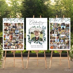 Greenery Funeral Photo Collage Sign Set Template, Funeral Welcome Sign, Celebration Of Life Poster, In Loving Memory Board, Memorial Poster