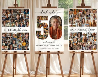 Editable 50th Birthday Photo Collage Welcome Sign Template, Birthday Party Poster Board, Birthday Decoration for Men & Women Canva Template
