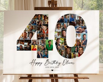 40th Birthday Photo Collage Template, Personalized 40th Birthday Gift for Her, for Him, Number 40 Collage, Family Gift, Birthday Gift, Canva