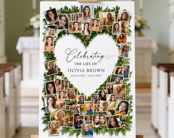 Funeral Photo Collage Sign Template : Greenery Heart Celebration of Life Poster (Canva, Digital Download)