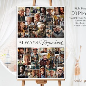 K&ouml;nnte beinhalten: Ein Schwarzwei&szlig;-Foto-Collage-Poster mit dem Text "ALWAYS Remembered" in einer kursiv geschriebenen Schrift. Das Poster ist in drei Abschnitte unterteilt, jeder mit 50 Fotopl&auml;tzen. Das Poster steht auf einem Holzstaffelei.