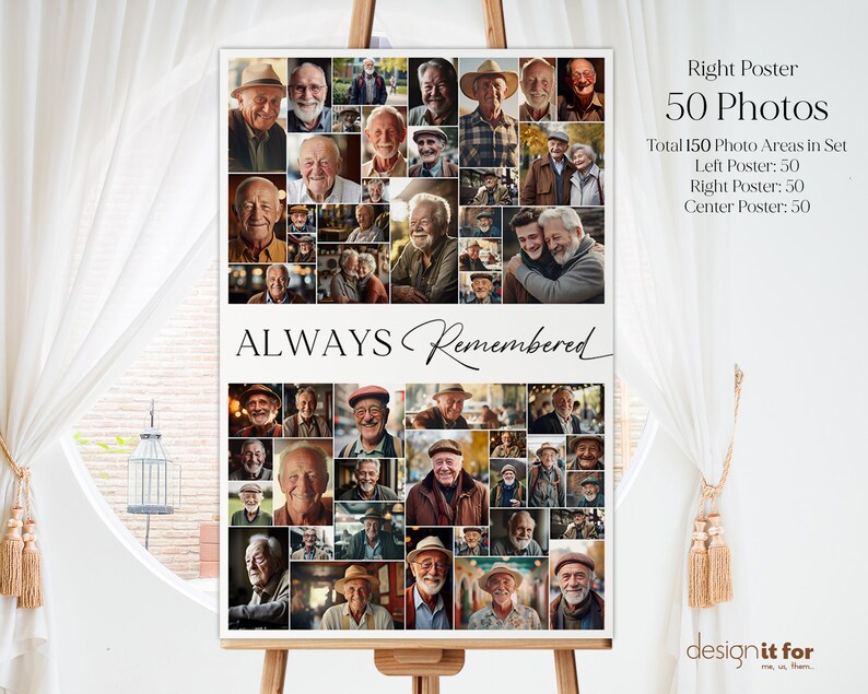 K&ouml;nnte beinhalten: Ein Schwarzwei&szlig;-Foto-Collage-Poster mit dem Text "ALWAYS Remembered" in einer kursiv geschriebenen Schrift. Das Poster ist in drei Abschnitte unterteilt, jeder mit 50 Fotopl&auml;tzen. Das Poster steht auf einem Holzstaffelei.