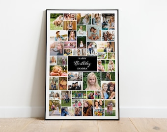 May include: A black and white photo collage with a black rectangle in the center that says "Happy Birthday Sandra". The collage is made up of many different photos of people, mostly women and children.