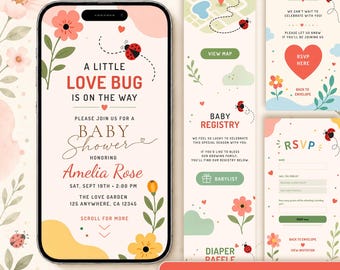 Love Bug Baby Shower Website Invitation, Ladybug Girl Digital Invite with Online RSVP Form, Editable Canva Template, Instant Download, #BS27