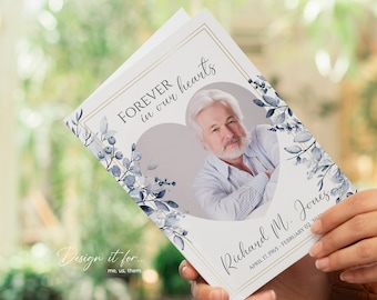Blue Leaves Funeral Program Template For Men, Memorial Program, Memorial Service Template, Obituary Template For Man, Printable Funeral