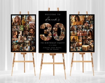 Schwarz 30. Geburtstag Foto Collage Vorlagen Set, bearbeitbare und druckbare Willkommenstafel, personalisiertes Poster Geschenk für Freund, Schwester oder Frau