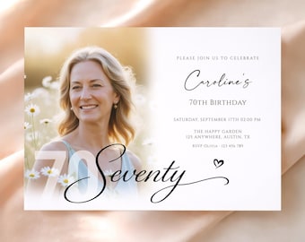 70th Birthday Invitation with Photo, Elegant Minimalist 70 th Birthday Invite, Printable Him Her, Canva Template (Digital Download)