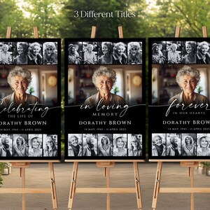 K&ouml;nnte beinhalten: Drei schwarz-wei&szlig;e Foto-Gedenktafeln mit unterschiedlichen Titeln: "Celebrating the Life of", "In Loving Memory" und "Forever in Our Hearts". Jede Tafel zeigt eine Fotocollage einer Frau, ihren Namen und Daten.