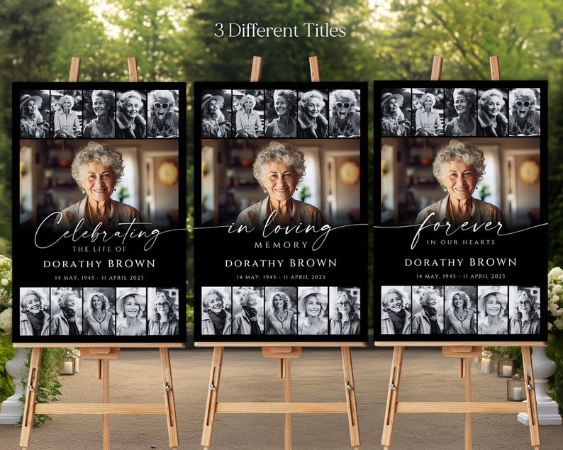 K&ouml;nnte beinhalten: Drei schwarz-wei&szlig;e Foto-Gedenktafeln mit unterschiedlichen Titeln: "Celebrating the Life of", "In Loving Memory" und "Forever in Our Hearts". Jede Tafel zeigt eine Fotocollage einer Frau, ihren Namen und Daten.
