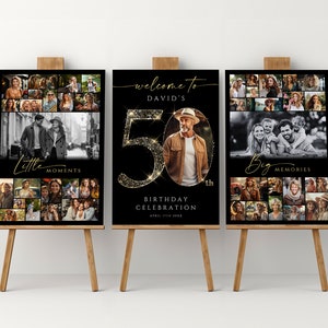 Könnte beinhalten: Drei schwarze Plakatwände mit goldenen Glitzerakzenten auf Staffeleien. Die mittlere Tafel zeigt eine große goldene Zahl 50 mit dem Text "Willkommen zur 50. Geburtstagsfeier von David am 11. April 2023". Die linke Tafel trägt den Text "Kleine Momente" und eine Fotocollage. Die rechte Tafel trägt den Text "Große Erinnerungen" und eine Fotocollage.