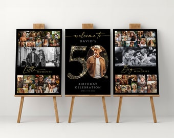 Schwarz Gold 50. Geburtstag Foto Collage Vorlage, druckbare Geburtstagstafel für Mama oder Papa, 50 Geburtstag Poster Set, #GBB1