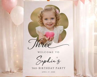3rd Birthday Welcome Sign with Photo, Girl Party Poster, Editable Canva Template (Digital Download)