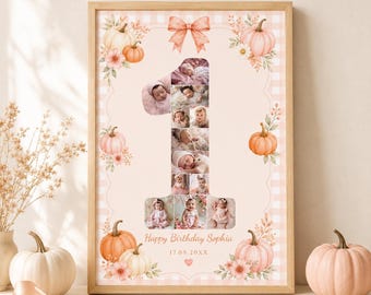 Little Pumpkin First Birthday Photo Collage, Number One Poster, Fall 1st Birthday Sign, Editable Canva Template, Digital Download, #PB01