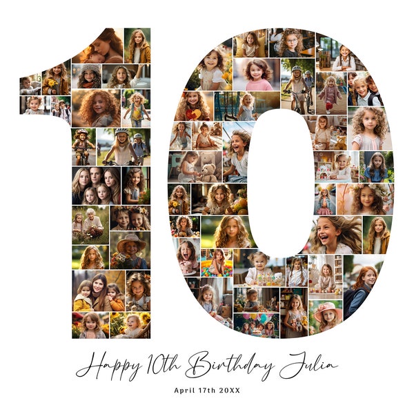 10th Birthday Photo Collage, 10th Birthday Gift, Birthday Number 10 Printable, 10th Photo Collage Template, Editable 10th Birthday Poster