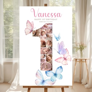 Motyl 1. Urodziny Witamy Znak, Pierwszy Numer Urodzinowy Zdjęcie Kolaż, Plakat, Edytowalna Tablica Kamienia Milowego Pierwszych Urodzin Dziecka dla Dziewczynki