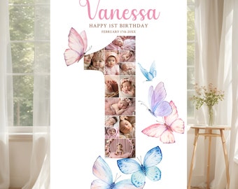 Butterfly 1st Birthday Welcome Sign, First Birthday Number Photo Collage, Poster, Editable Baby 1st Birthday Milestone Board for Girl