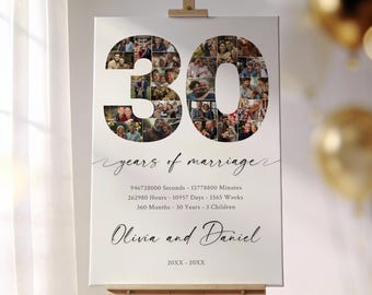 Sjabloon voor fotocollage ter gelegenheid van het 30-jarig huwelijksjubileum, bewerkbare collage met cijfers voor 30 jaar huwelijk, printbaar cadeau voor 30 jaar huwelijk