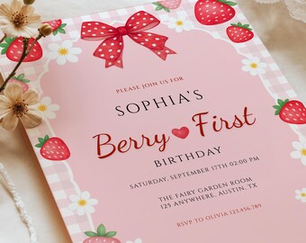 Berry First Birthday Invitation Template, Strawberry 1st Birthday Invite, Editable Canva, Digital Download, Girl 1st Bday, #SBT