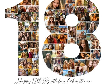 Collage de fotos de cumpleaños número 18, regalo de cumpleaños número 18, número de cumpleaños imprimible, plantilla de collage de fotos de cumpleaños número 18, cumpleaños número 18 editable, Canva