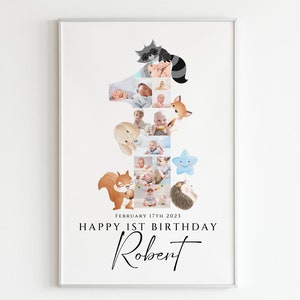 Plantilla de collage de fotos de animales del bosque de 1er cumpleaños, collage de primer cumpleaños, póster de 1er cumpleaños, Canva, collage número uno para bebé