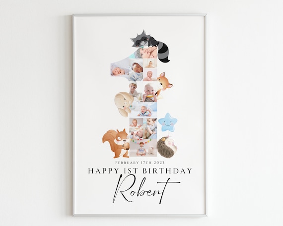 1st Birthday woodland animals Photo Collage Template, First Birthday Collage, 1st Birthday Poster, Canva, Number One Collage for Baby Boy