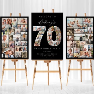 Black 70th Birthday Photo Collage Template Set, Personalized Birthday Poster Gift, Birthday Welcome Board for Grandma, Grandpa, Dad or Mom image 1