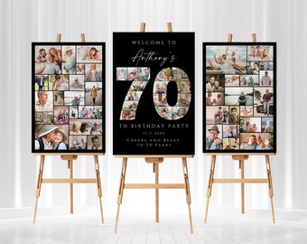 Black 70th Birthday Photo Collage Template Set, Personalized Birthday Poster Gift, Birthday Welcome Board for Grandma, Grandpa, Dad or Mom