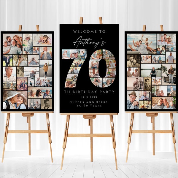 Black 70th Birthday Photo Collage Template Set, Personalized Birthday Poster Gift, Birthday Welcome Board for Grandma, Grandpa, Dad or Mom