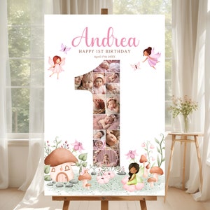 Fee zum ersten Geburtstag Nummer Fotocollage, zum ersten Geburtstag Foto Meilenstein Zeichen, bearbeitbare Fee zum 1. Geburtstag Foto Poster Vorlage, Canva