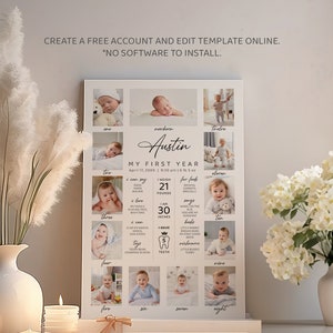 Pu&ograve; includere: Un poster stampabile bianco e grigio con foto di un bambino piccolo a diverse et&agrave;. Il poster include il nome del bambino, Austin, e dettagli sul suo primo anno, tra cui la data di nascita, il peso e l'altezza. Il poster &egrave; decorato con un design semplice e moderno.