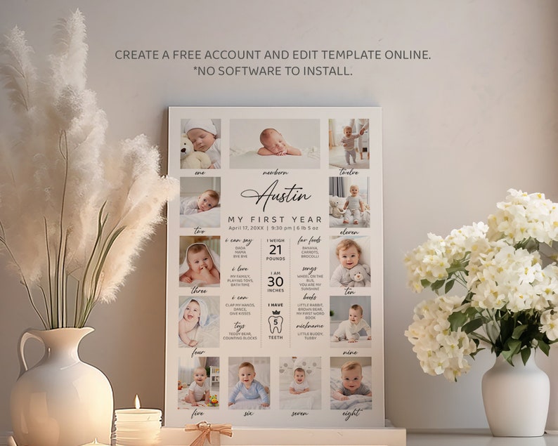 Pu&ograve; includere: Un poster stampabile bianco e grigio con foto di un bambino piccolo a diverse et&agrave;. Il poster include il nome del bambino, Austin, e dettagli sul suo primo anno, tra cui la data di nascita, il peso e l'altezza. Il poster &egrave; decorato con un design semplice e moderno.