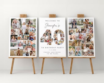 40. Geburtstag Foto Collage Vorlagen Set, bearbeitbare und druckbare Willkommenstafel, personalisiertes Poster Geschenk für Freund, Schwester oder Frau