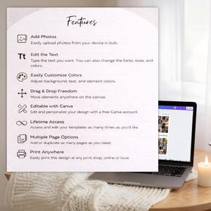 Puede incluir: Un port&aacute;til est&aacute; sobre una mesa de madera junto a una vela encendida. Un papel blanco con la palabra "Caracter&iacute;sticas" y varios puntos est&aacute; delante del port&aacute;til. Las caracter&iacute;sticas incluyen agregar fotos, editar texto y personalizar colores.
