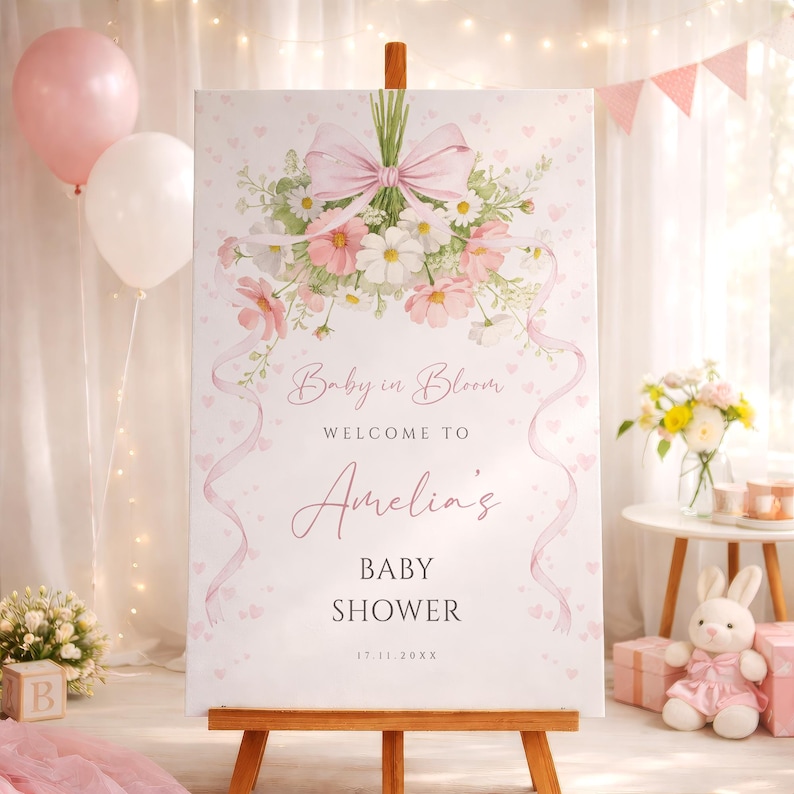 Baby in Bloom baby shower welcome sign with pink floral watercolor design