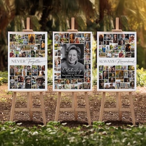 Puede incluir: Tres paneles conmemorativos blancos sobre caballetes de madera. Cada panel presenta un collage de fotos. El panel central tiene un retrato grande y el texto "Celebrating the Life of Margaret E. Whitman". Los otros paneles dicen "Never Forgotten" y "Always Remembered".
