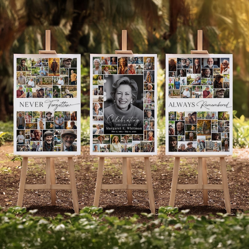 Puede incluir: Tres paneles conmemorativos blancos sobre caballetes de madera. Cada panel presenta un collage de fotos. El panel central tiene un retrato grande y el texto "Celebrating the Life of Margaret E. Whitman". Los otros paneles dicen "Never Forgotten" y "Always Remembered".