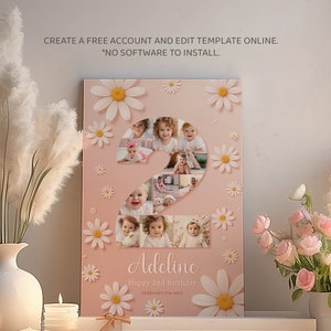 K&ouml;nnte beinhalten: Ein personalisiertes Geburtstagsplakat in Rosa und Wei&szlig; mit einer gro&szlig;en Zahl 2 aus Fotos. Die Zahl 2 ist von wei&szlig;en G&auml;nsebl&uuml;mchen umgeben. Das Plakat lautet "Adeline Happy 2nd Birthday February 17th 2023".