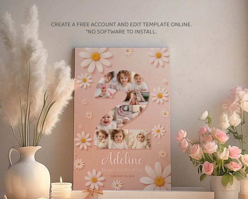 K&ouml;nnte beinhalten: Ein personalisiertes Geburtstagsplakat in Rosa und Wei&szlig; mit einer gro&szlig;en Zahl 2 aus Fotos. Die Zahl 2 ist von wei&szlig;en G&auml;nsebl&uuml;mchen umgeben. Das Plakat lautet "Adeline Happy 2nd Birthday February 17th 2023".