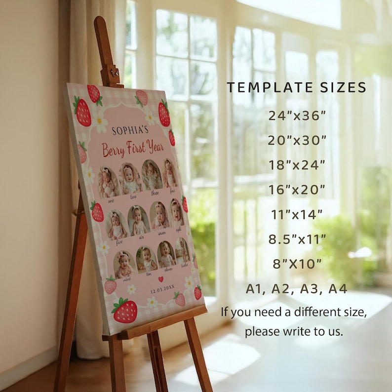 May include: A pink and white canvas print on an easel, featuring the text "Sophia's Berry First Year" with photos and strawberry illustrations. Template sizes are listed, including 24"x36", 20"x30", and 18"x24".