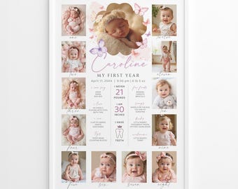 Butterfly 1st Birthday Milestone Sign, Printable Baby Girl First Year Poster, Editable 1st Birthday Milestone Board, Photo Collage Template