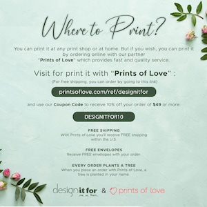 Pu&ograve; includere: Sfondo verde chiaro con il testo "Where to Print?" in elegante scrittura. Il testo fornisce opzioni di stampa e un codice coupon. Sono visibili anche accenti floreali e il logo "Prints of Love".