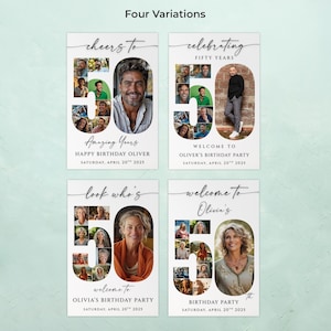 May include: Four variations of birthday party signs. Each sign features a large "50" with photos inside. Text includes "cheers to," "celebrating," "Amazing Years," "Welcome to," "look who's," and "welcome to Olivia's." The date is Saturday, April 20th, 2025.