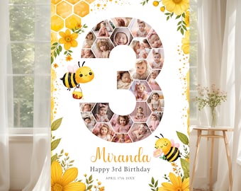 Bee 3rd Birthday Welcome Board Template, Honey Bee 3rd Birthday Photo Collage, Printable 3rd Birthday Party Poster for Baby Girl