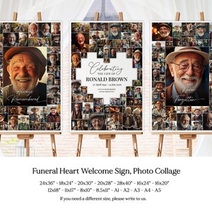 Funeral Heart Photo Collage Sign Set Templates, Funeral Welcome Sign Template, Celebration of Life Board, Easel Display Memorial Poster Size