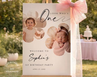 Spring 1st Birthday Welcome Sign, Floral Baby Girl Bday Board, Minimalist Photo Poster, Editable Canva Template (Digital Download), #MB35